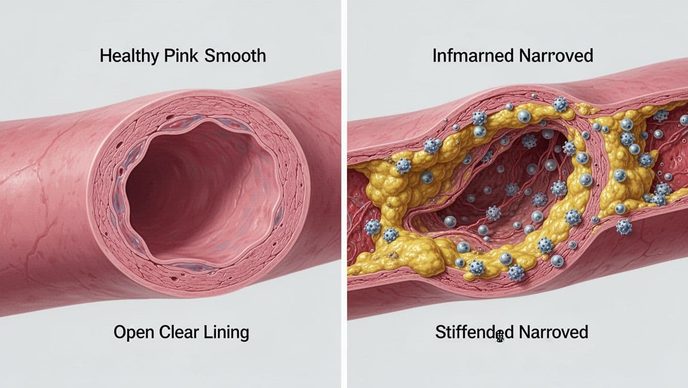 Realistic side-by-side medical illustration comparing a healthy pink smooth artery cross-section with an inflamed stiffened narrowed one showing yellow plaque buildup and immune cells.