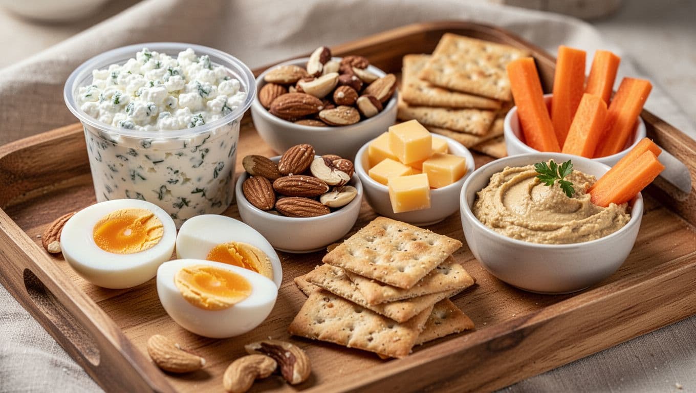 Neatly arranged wooden tray with high-protein snacks for older adults including cottage cheese pot, boiled eggs, nuts, cheese cubes with crackers, and hummus dip with carrot sticks. Close-up appetizing view under soft natural lighting, no people, hands, text, or borders.