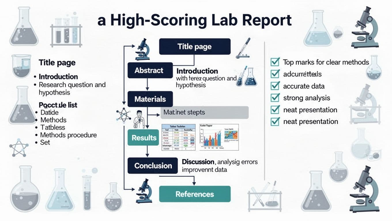 Clean, classroom-appropriate educational infographic displaying the structure of a high-scoring lab report for science classes via a central vertical flowchart of key sections from title page to references, with subtle lab equipment icons and a sidebar checklist for top marks in modern flat design.