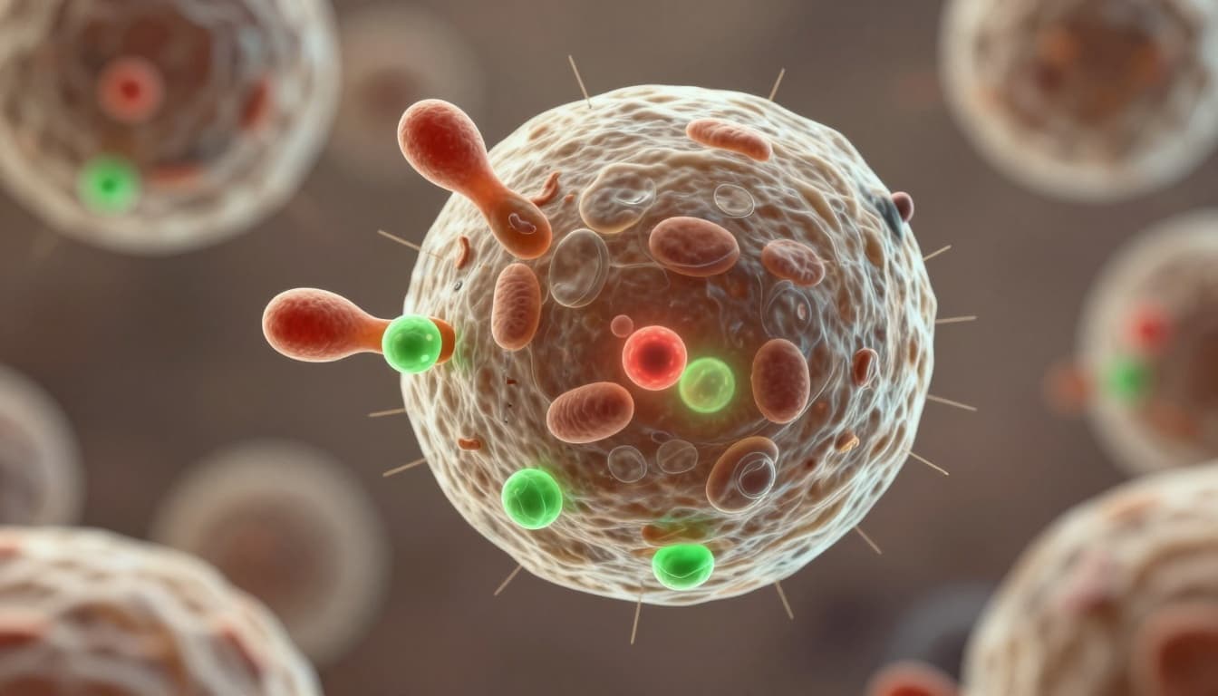 Microscopic 3D render of a human cell undergoing autophagy, featuring lysosomes breaking down damaged mitochondria and protein aggregates, with glowing green and red fluorescent highlights on organelles.