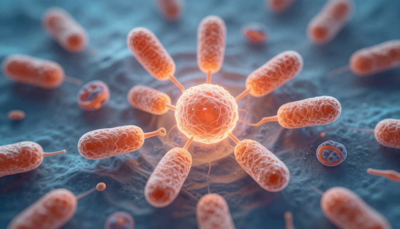 Realistic scientific illustration of a human cell interior with exactly three mitochondria actively producing energy, emitting a soft glow, surrounded by subtle membranes and proteins. Warm orange highlights on mitochondria contrast with cool blue background tones in high-resolution detail.