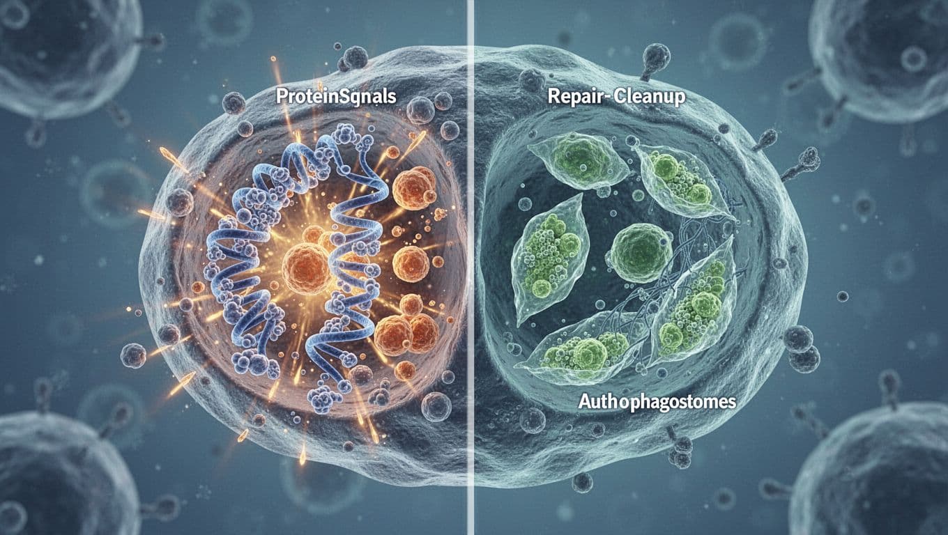 Scientific illustration of a single human cell in split composition: one side depicts active protein synthesis with ribosomes and growth signals, the other shows cellular repair and cleanup with autophagosomes, illuminated in soft blue and green tones.