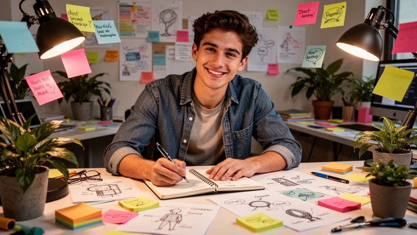 Energetic young professional smiling slightly inspired while jotting ideas in a notebook at a cluttered desk with scattered sticky notes, sketches, and vibrant plants, in a realistic style with warm motivational lighting and dynamic angled composition.