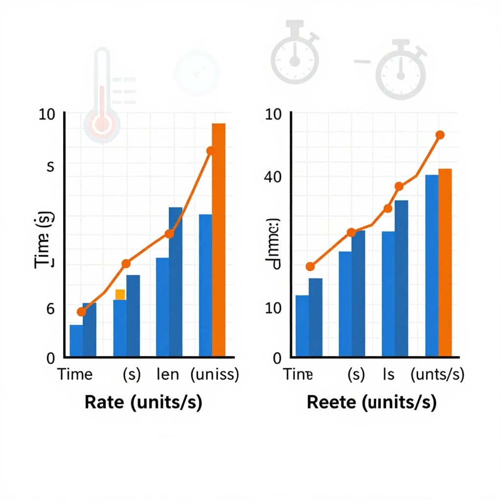 Clean vector illustration of side-by-side bar and line graphs showing lab experiment data like temperature vs reaction rate, with data points, error bars, faint grid background, and icons of thermometer and stopwatch in a professional scientific style.
