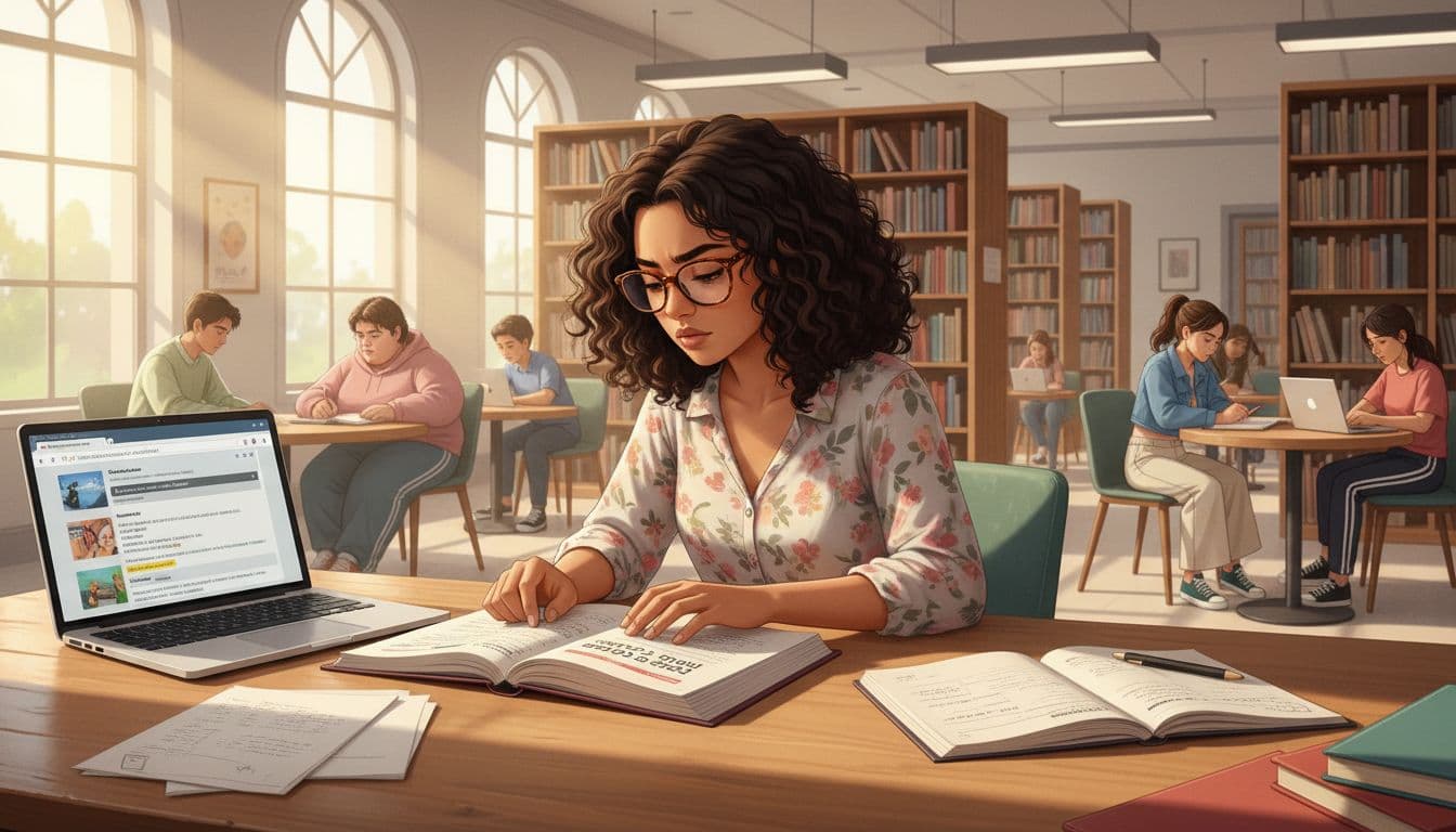 Student reading a school handbook about dress code in a library