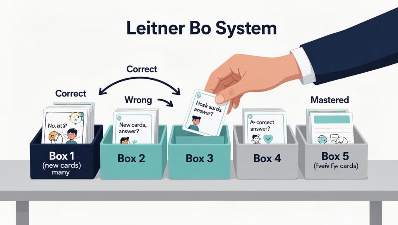 Clean modern flat vector illustration of the Leitner box system for flashcards, featuring five progressively sized boxes labeled 1 to 5 on a desk, with arrows indicating card movement on correct or wrong answers, and a student's hand placing a card into Box 2.