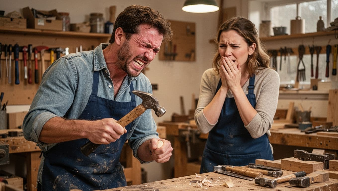In a cozy home workshop under soft indoor lighting, a man grimaces in pain after hitting his thumb with a loosely held hammer, while a nearby woman at the workbench winces sympathetically with hand to mouth.
