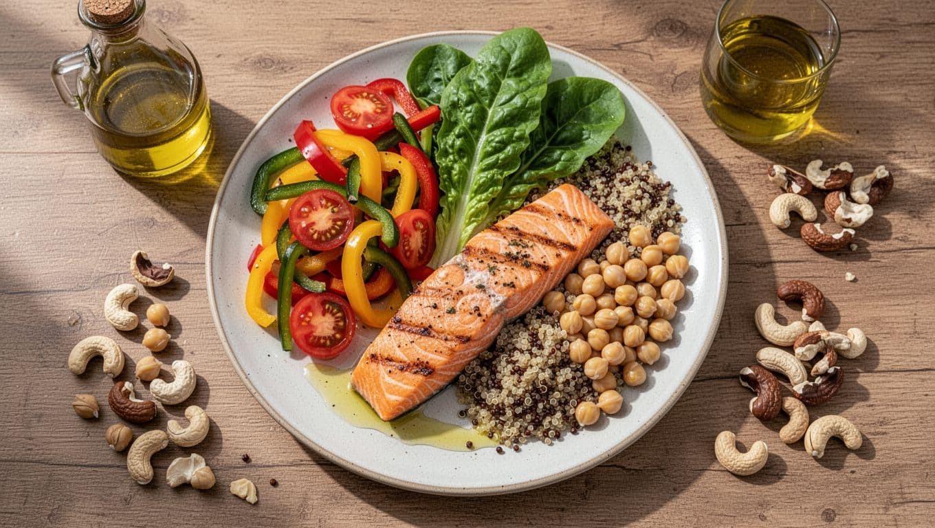 Top-down view of an appetizing Mediterranean-style meal on a wooden table, featuring grilled salmon fillet, colorful vegetables like tomatoes, peppers and leafy greens, chickpeas, quinoa, drizzled extra virgin olive oil, and a handful of nuts in natural daylight with vibrant colors.