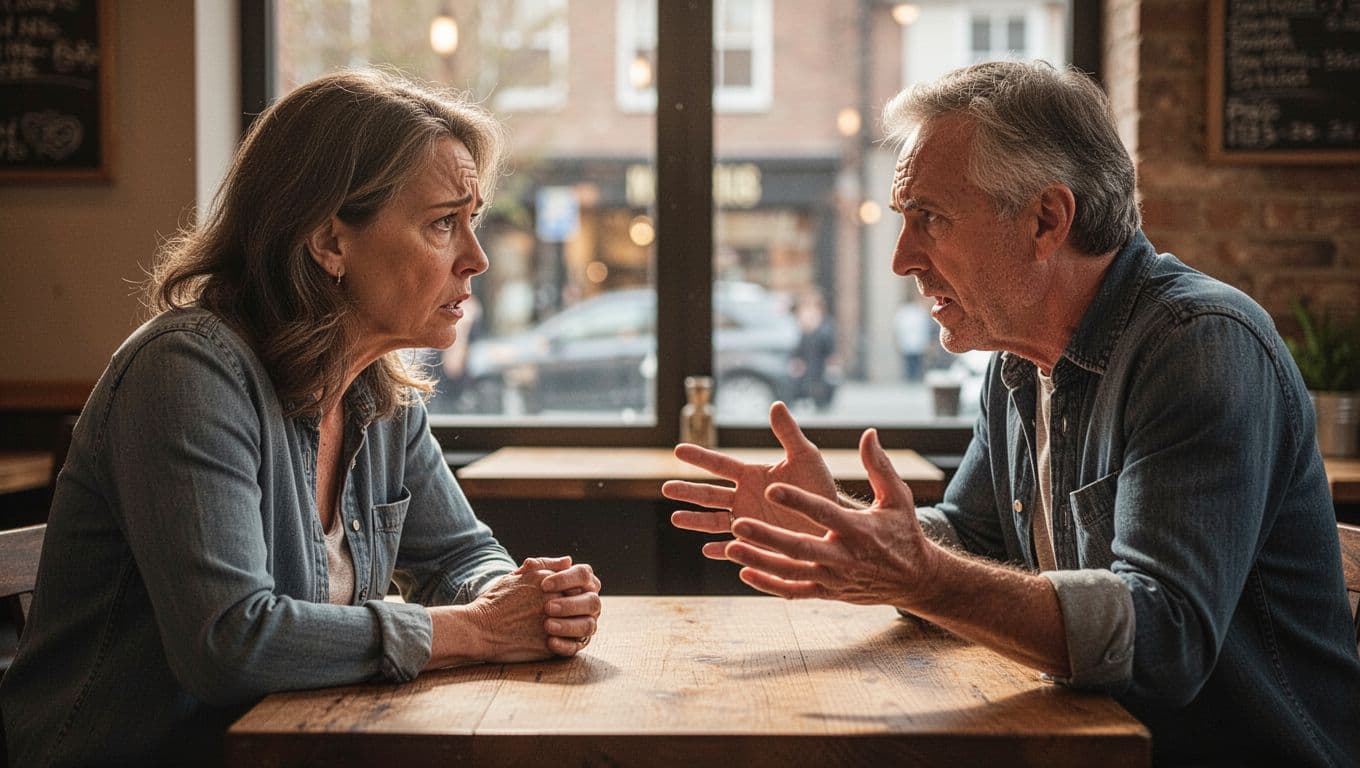 Two middle-aged adults sit face-to-face at a wooden cafe table, one with a concerned expression listening intently while the other gestures with hands expressing frustration, under warm indoor lighting.