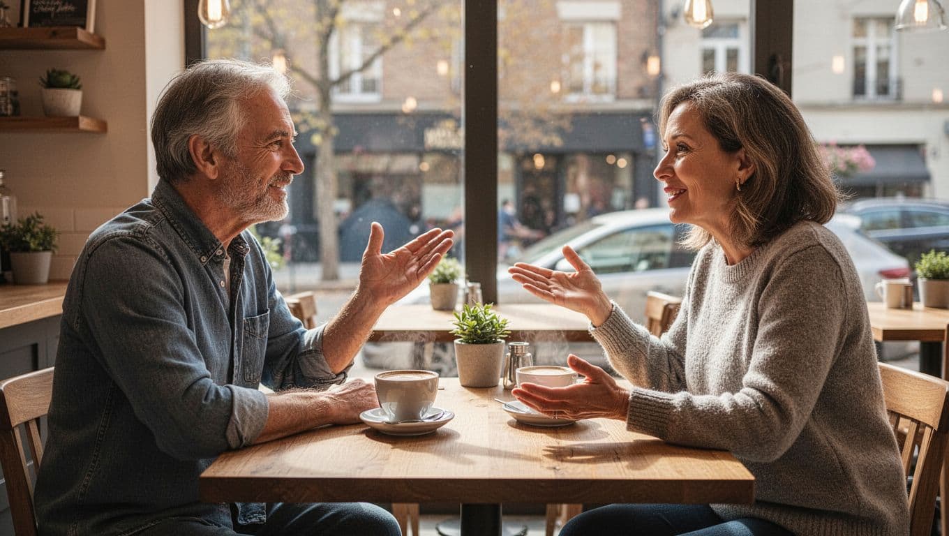 Two middle-aged adults of different genders sit face-to-face at a wooden table in a bright cafe, one gesturing relaxedly while telling a story, the other nodding attentively with open body language, illuminated by warm natural daylight.