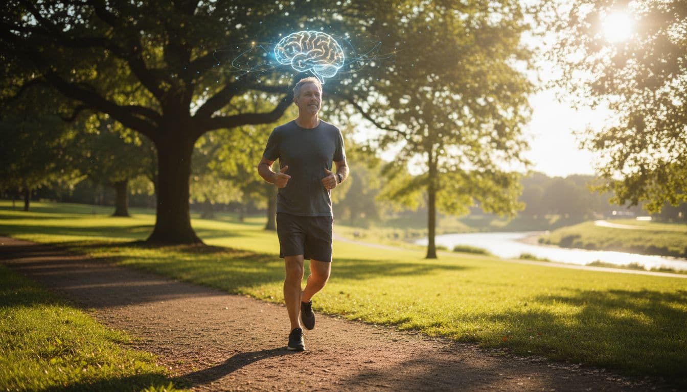 Middle-aged adult jogging outdoors in a green park on a sunny day, featuring a subtle glowing brain icon overlay on the head to suggest memory enhancement, in cinematic style with strong contrast, depth, and dramatic lighting.