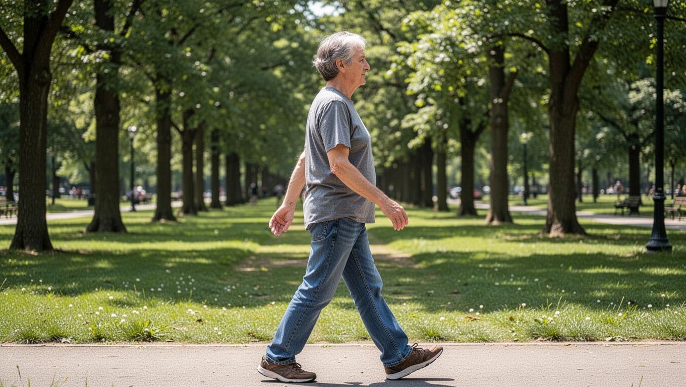 A middle-aged person in casual clothes walks briskly along a tree-lined park path during a sunny day, shown in side profile with relaxed posture and arms swinging naturally.