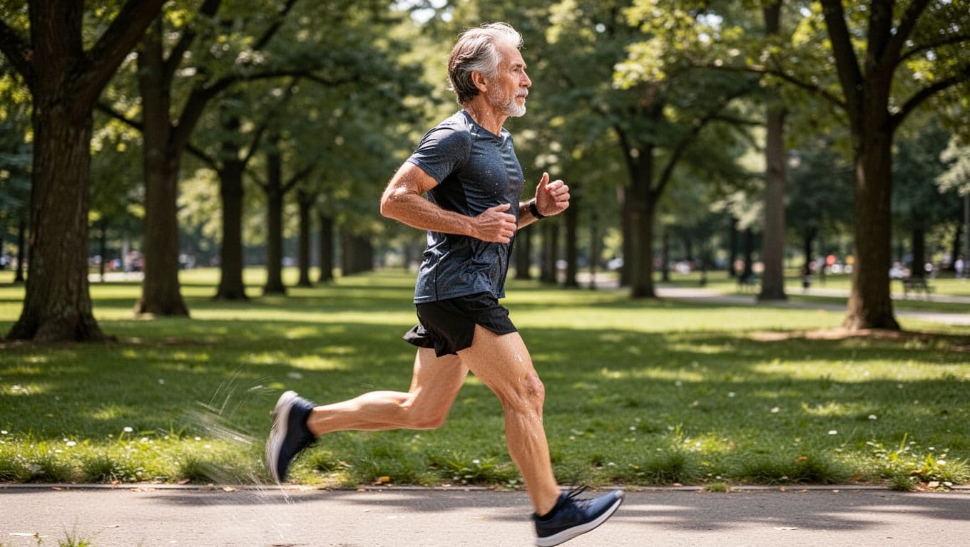 One middle-aged person in athletic wear running steadily on a tree-lined park path during daytime, with focused expression and natural sweat. Side profile view featuring dynamic motion blur on legs, photorealistic style in bright natural sunlight.