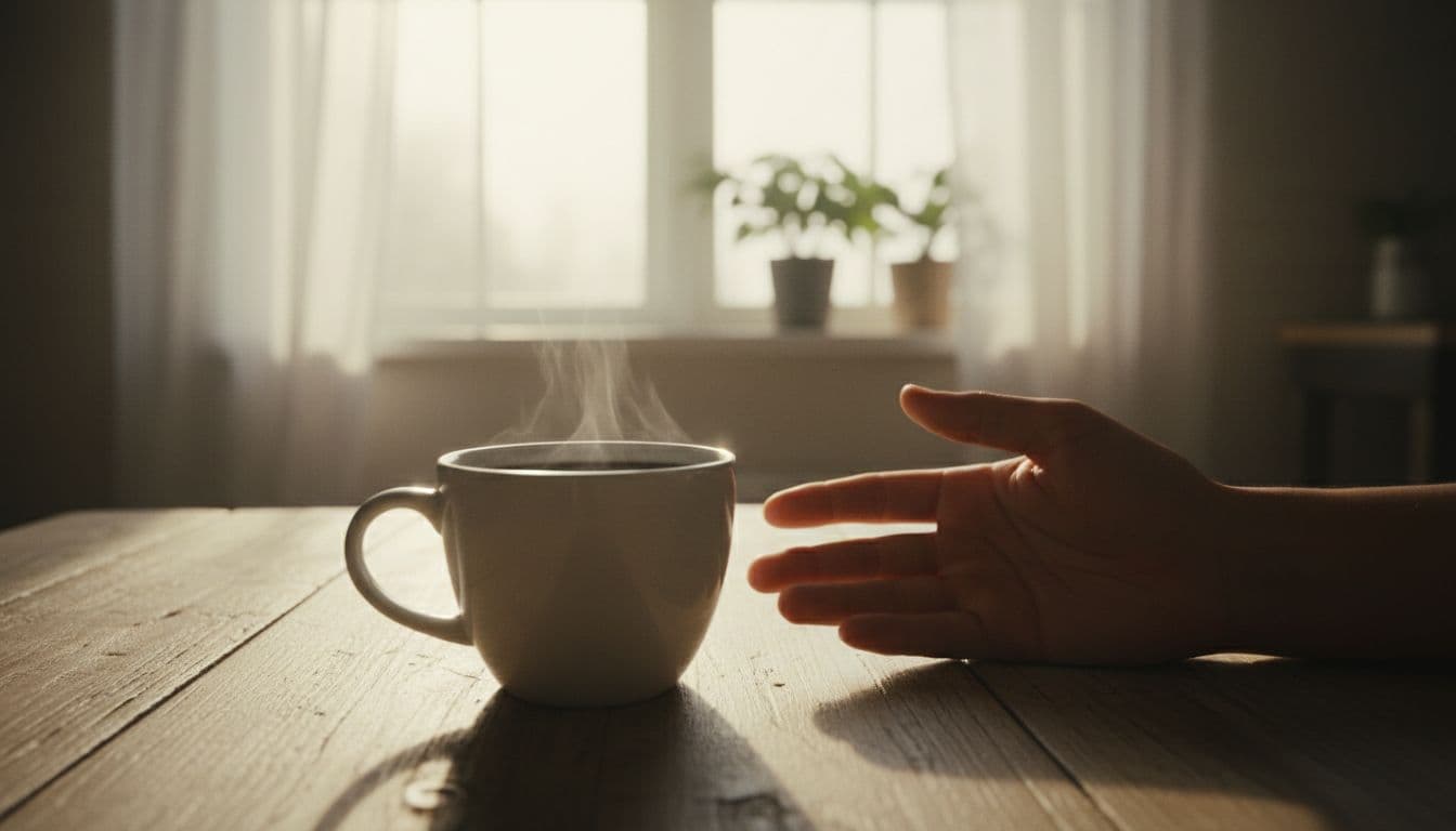 Steaming cup of black coffee in a simple white mug on a light wooden table beside a sunlit window, with a relaxed hand resting nearby in a cozy kitchen.