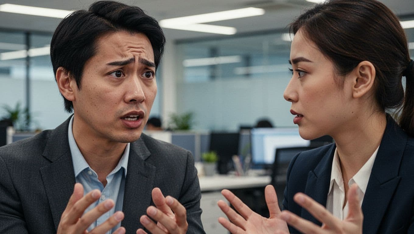 Close-up of two colleagues in a modern office, one conveying mild concern via raised eyebrow, tight lips, and direct eye contact, while the other listens attentively under soft lighting.
