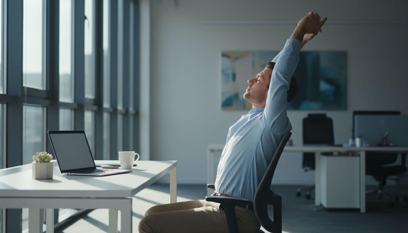 A single office worker in business casual attire sits at a clean desk in a bright modern office, performing a simple shoulder stretch by raising both arms overhead and leaning back slightly with eyes closed in relaxation, captured in side profile view.