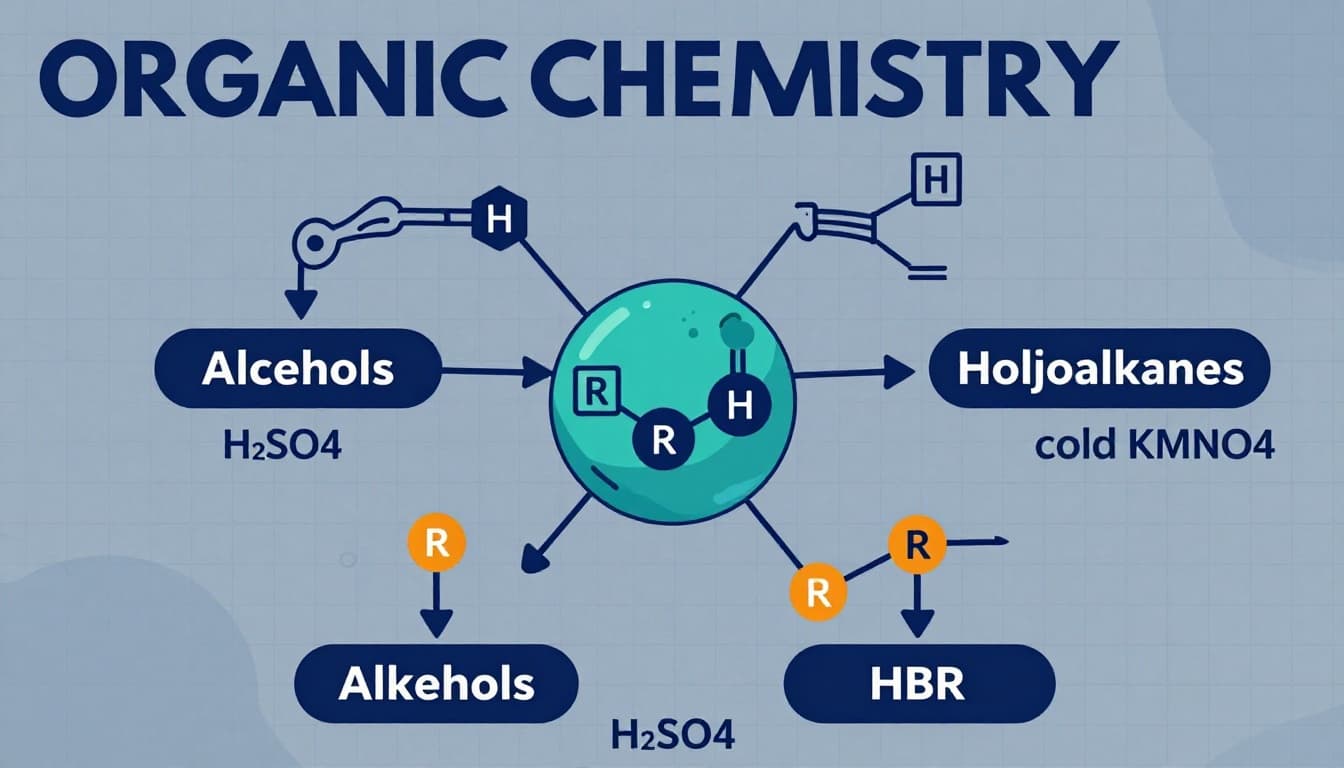 Educational infographic illustrating reaction pathways from alkenes to alcohols via hydration and to haloalkanes via HBr addition, featuring reagents like H2SO4 and cold KMnO4 on a subtle graph paper background.