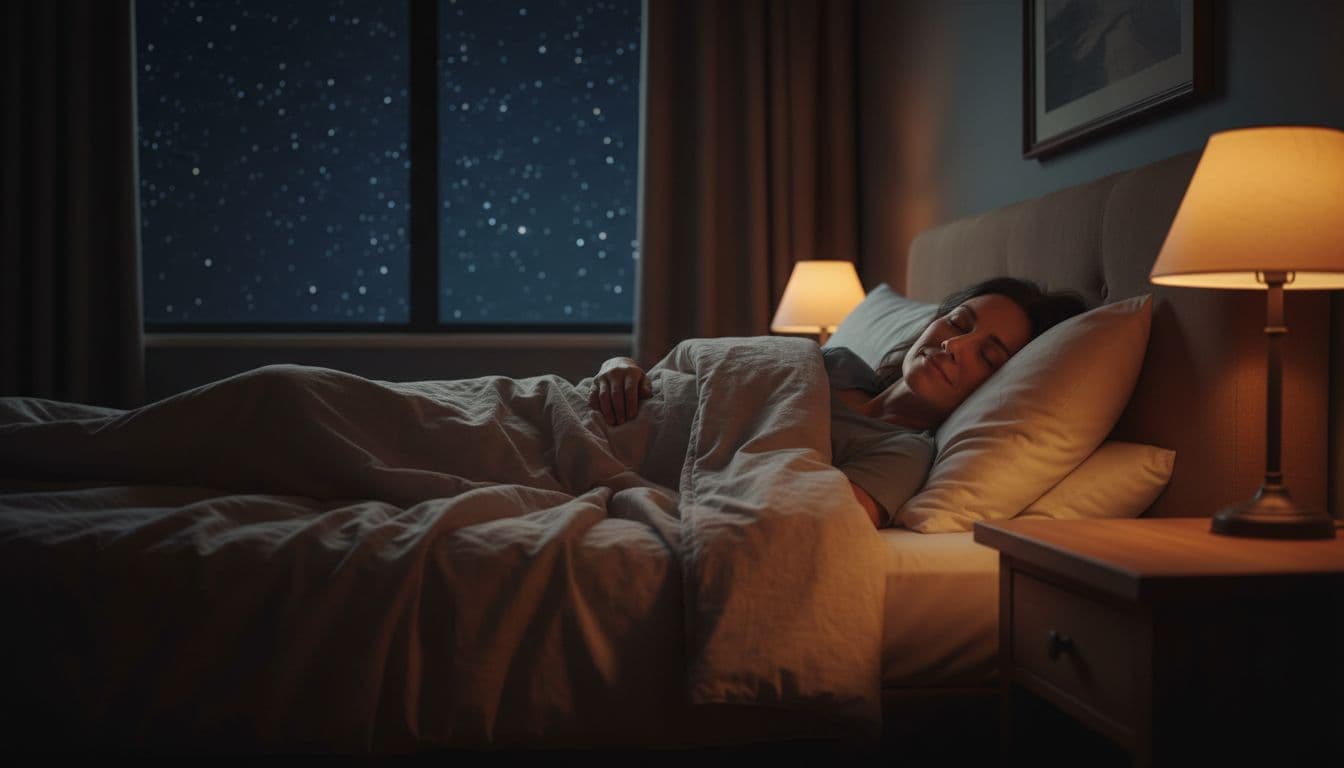 Adult person lying comfortably in bed under soft duvet with eyes closed and relaxed face, illuminated by dim bedside lamp in dark cosy bedroom featuring starry night sky outside, cinematic style with warm earthy tones.