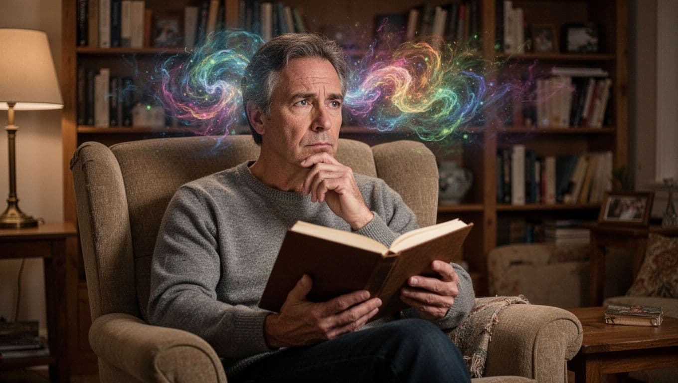An adult sits in a comfortable armchair in a living room, holding an open journal with a thoughtful pondering expression, gazing at faint abstract swirling colors representing emotions in their mind, with bookshelves in the background under soft evening light.