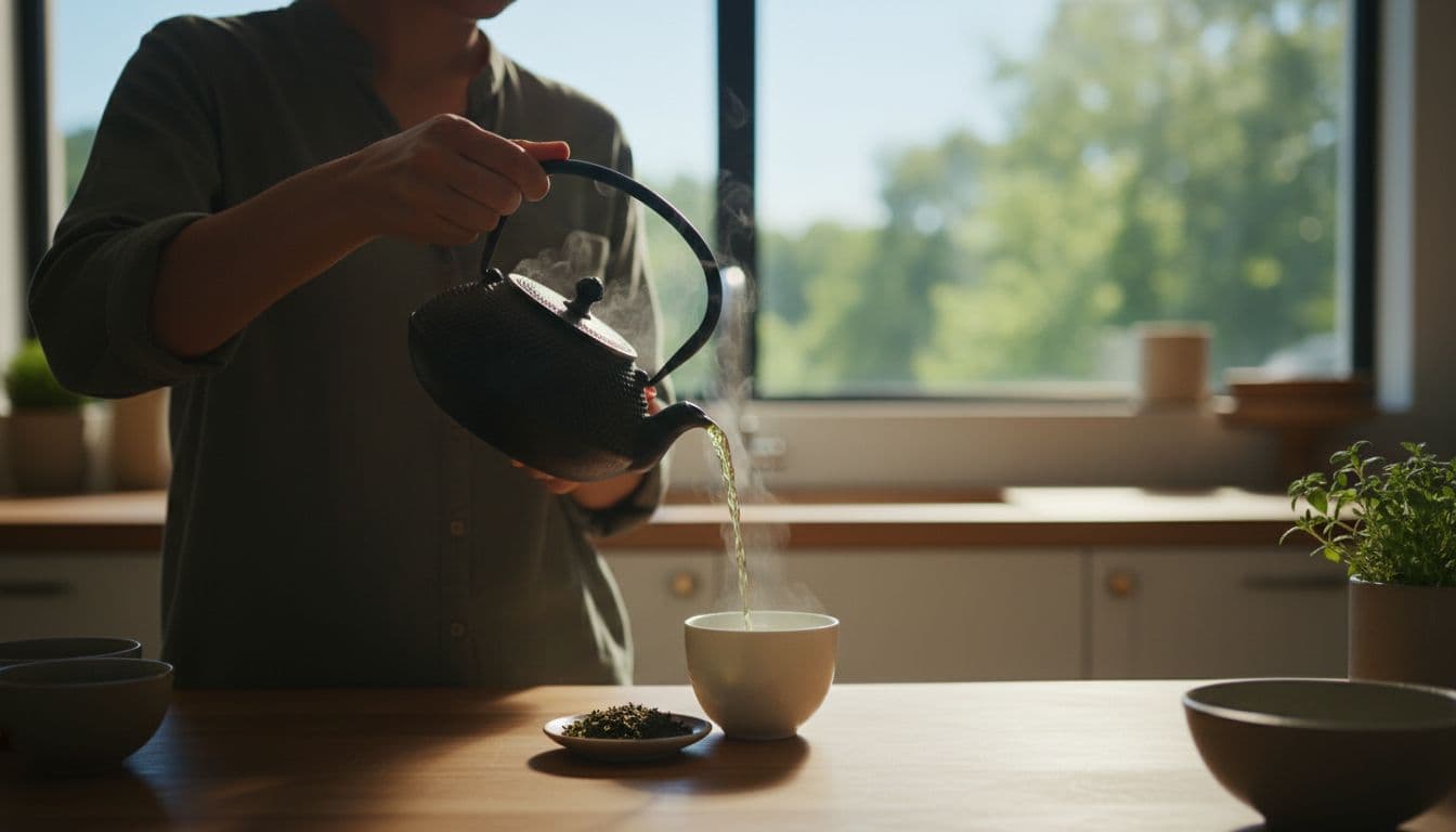 A single person in a bright kitchen serenely pours steaming green tea from a cast iron teapot into a simple cup, with fresh tea leaves on a saucer nearby, bathed in natural daylight.