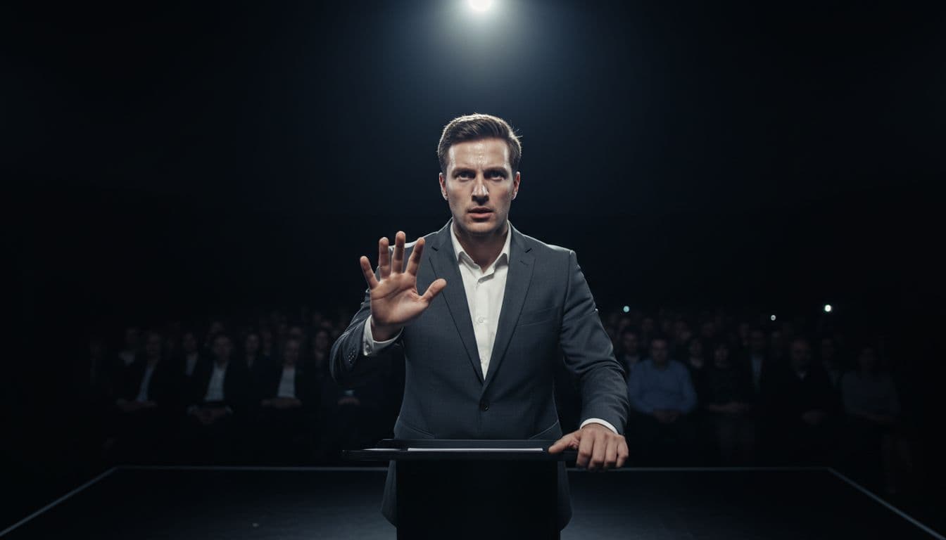A young professional stands frozen mid-gesture with hand raised on a conference stage under dramatic spotlight, tense wide-eyed expression, blurred dark audience background, cinematic style with strong contrast and deep shadows.