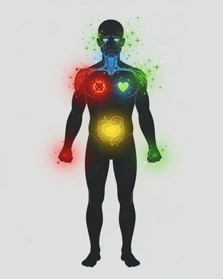 Silhouette of adult human body in front standing view with subtle color overlays for primary emotions: red glow for anger, blue for sadness, yellow for fear, green for joy. Minimalist flat vector illustration isolated on light grey background.