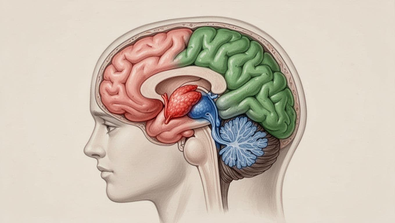 Realistic medical illustration of a human brain in profile view, with amygdala highlighted in soft red, hippocampus in blue, and prefrontal cortex in green on a neutral background.