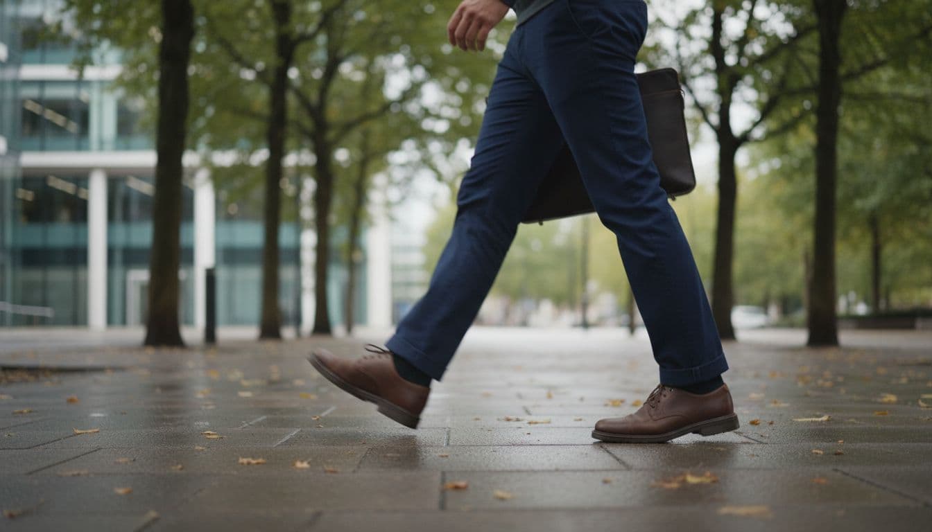 A professional in comfortable clothes takes a short brisk walk on pavement outside an office building on a cloudy UK afternoon, close-up on legs and feet in motion with briefcase, cinematic style with dramatic side lighting.