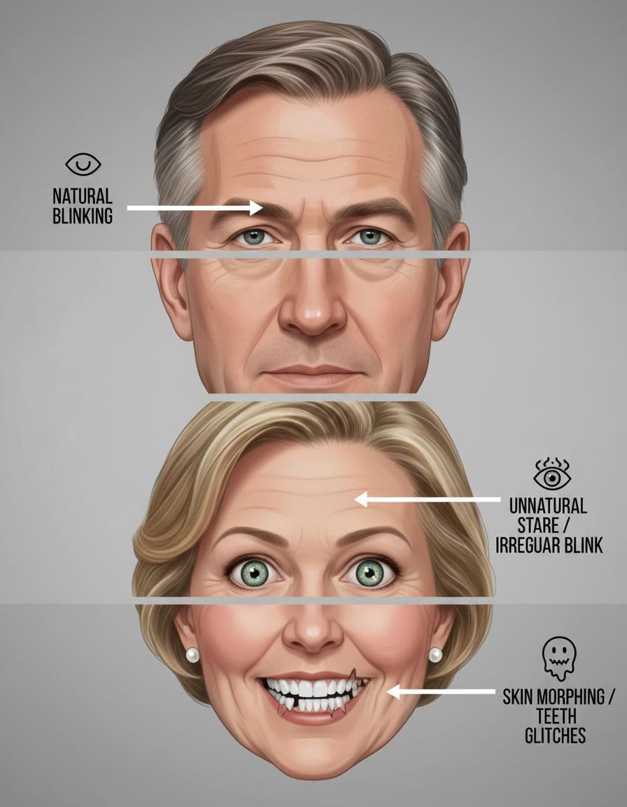 Educational infographic showing close-up comparison of a real politician's face (top) with natural features and a deepfake version (bottom) highlighting glitches like unnatural blinking, morphing cheeks, eye reflections, and teeth issues with pointing arrows.