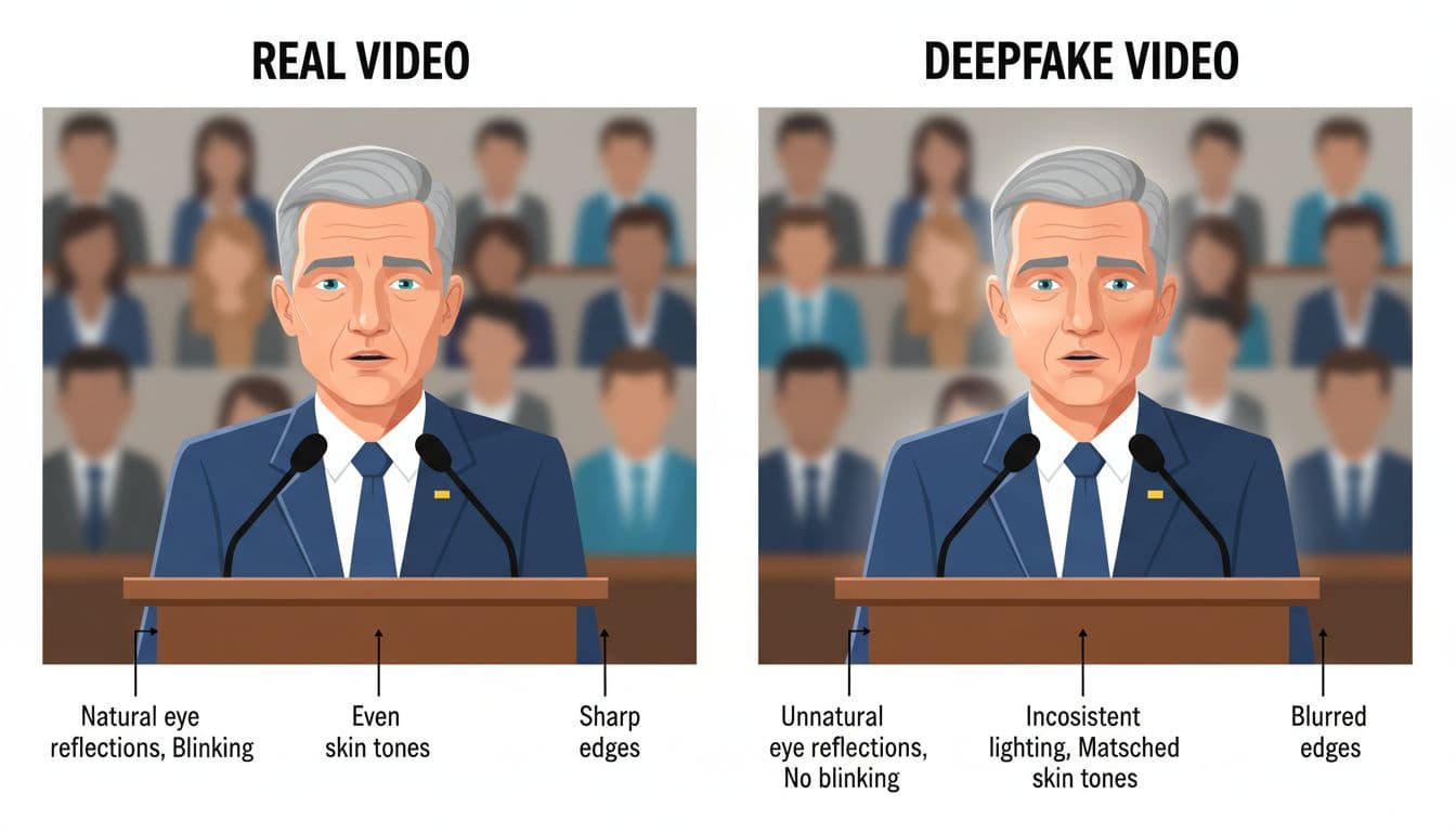 Educational split-screen illustration comparing a real video frame (left) and deepfake video frame (right) of a generic politician at a podium, with arrows highlighting subtle deepfake artifacts like inconsistent lighting, blurred edges, mismatched skin tones, unnatural eyes, and lack of blinking.