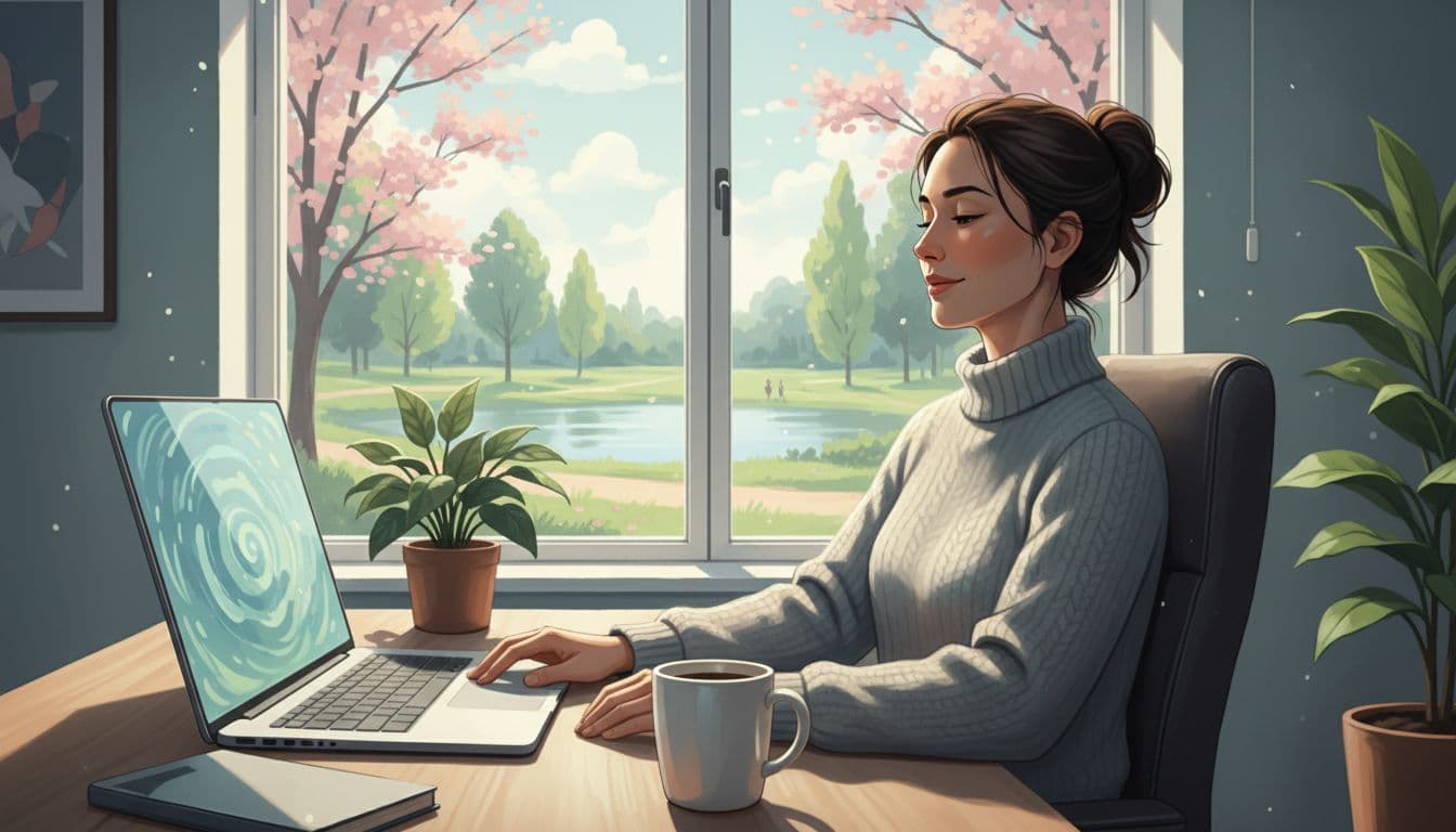 Diverse professional at a clean home office desk, appearing refreshed and focused post-NSDR with relaxed posture, angled laptop screen, coffee mug, and park view window in a modern calming illustration.