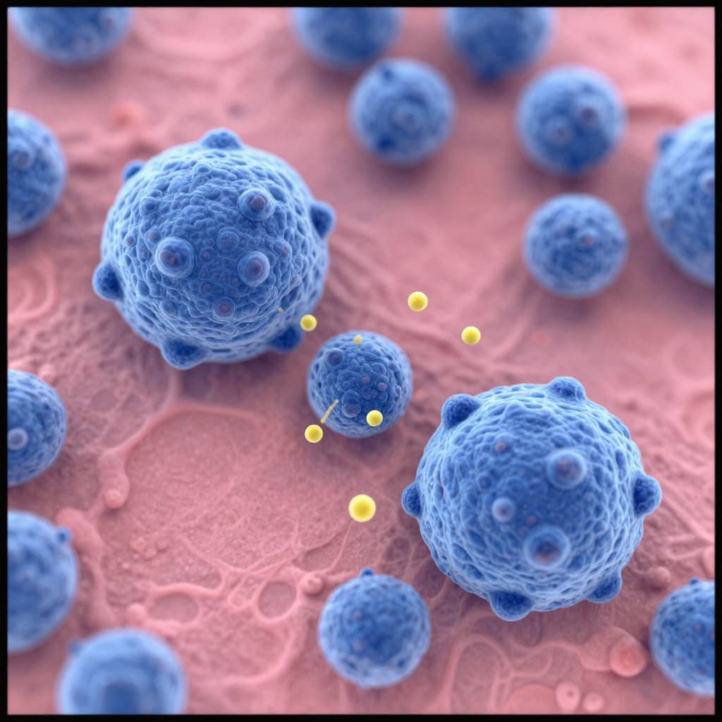 Microscopic view of a pink senescent cell surrounded by two blue healthy cells, releasing yellow signal molecules towards neighbors in a scientific tissue illustration with soft diffused lighting and high detail.