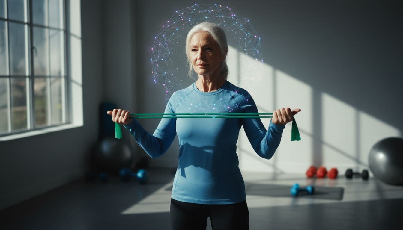 An older adult performs resistance band exercises in a naturally lit home gym, featuring a faint neural network glow around the head to symbolize brain and memory benefits, captured in cinematic style with strong contrast and dramatic lighting.