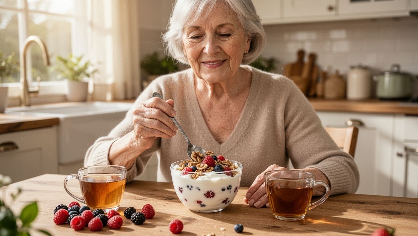 An older woman in her 70s sits in a bright kitchen, preparing and eating a healthy breakfast of Greek yogurt topped with nuts and fresh berries, accompanied by a cup of tea under natural morning light.