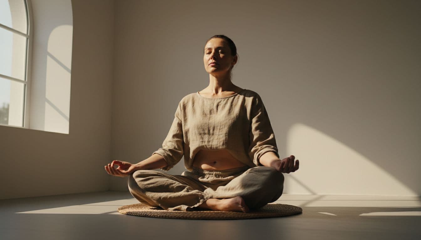 A calm adult sits cross-legged on a simple floor mat in a softly lit minimalist room, eyes closed and hands relaxed on knees, demonstrating deep diaphragmatic breathing with subtle belly rise from a low angle in cinematic style.