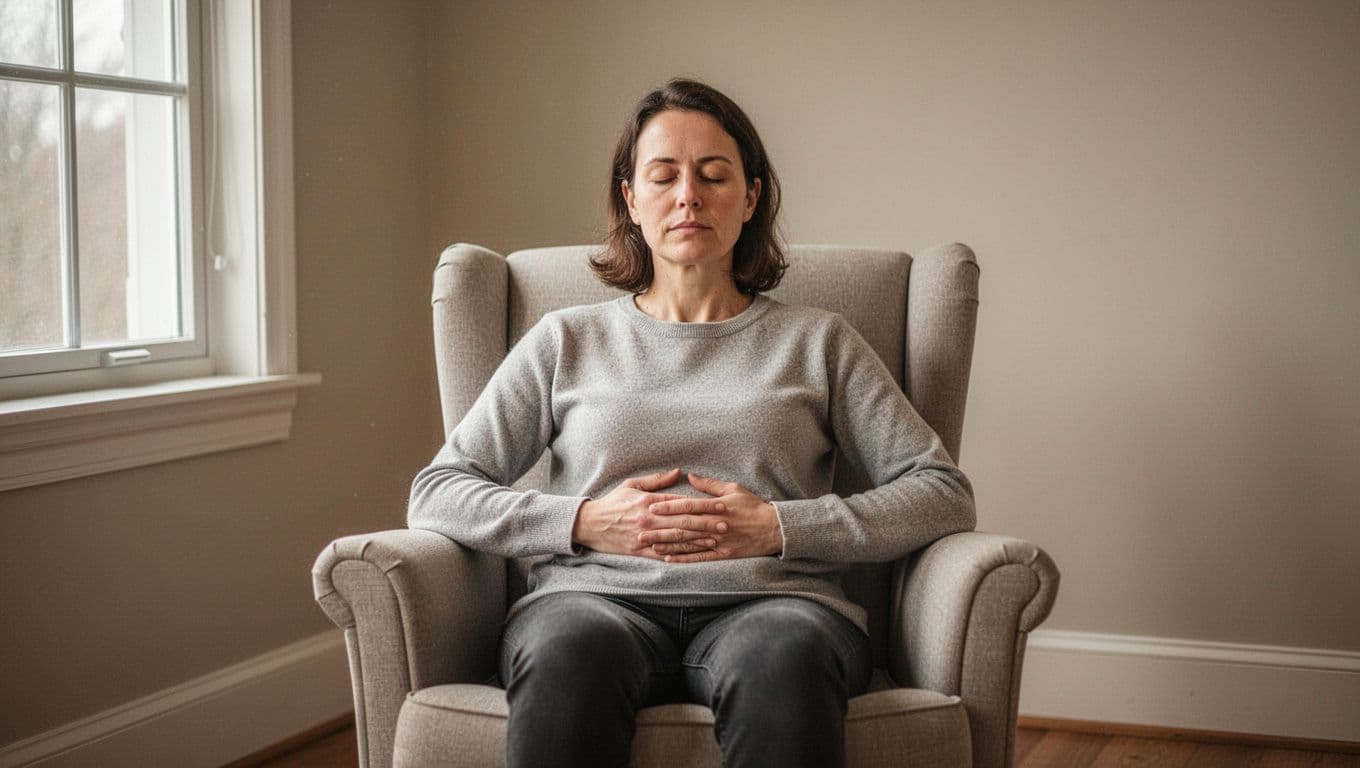 A person sits calmly in a comfortable armchair in a quiet room, hand resting on abdomen to notice body sensations, with a serene neutral expression and soft natural light.