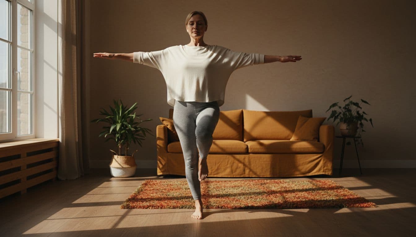 A middle-aged adult practices a single leg balance stand in a bright living room, arms outstretched for stability with a focused expression and steady pose. Natural window light creates depth, shadows on the wooden floor, in cinematic style with strong contrast, dramatic lighting, and warm earthy tones.