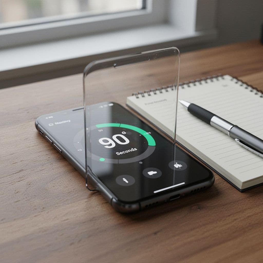 Close-up of a timer on a smartphone screen showing 90 seconds counting down, on a wooden desk next to a notebook and pen with soft focus background.