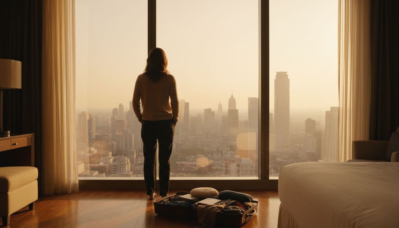 A solo traveller stands relaxed by a large hotel window at dawn, gazing at the city skyline bathed in golden sunrise light, with an open suitcase nearby.