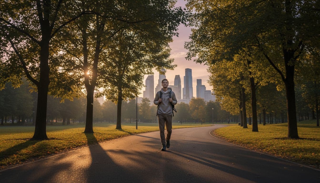 A solo traveler with a light backpack and casual attire walks briskly along a leafy park path during early morning golden hour, showing a focused yet relaxed expression amid dramatic sunrise lighting and long shadows. The wide landscape features a path leading into the distance, trees framing the sides, and distant city buildings visible.