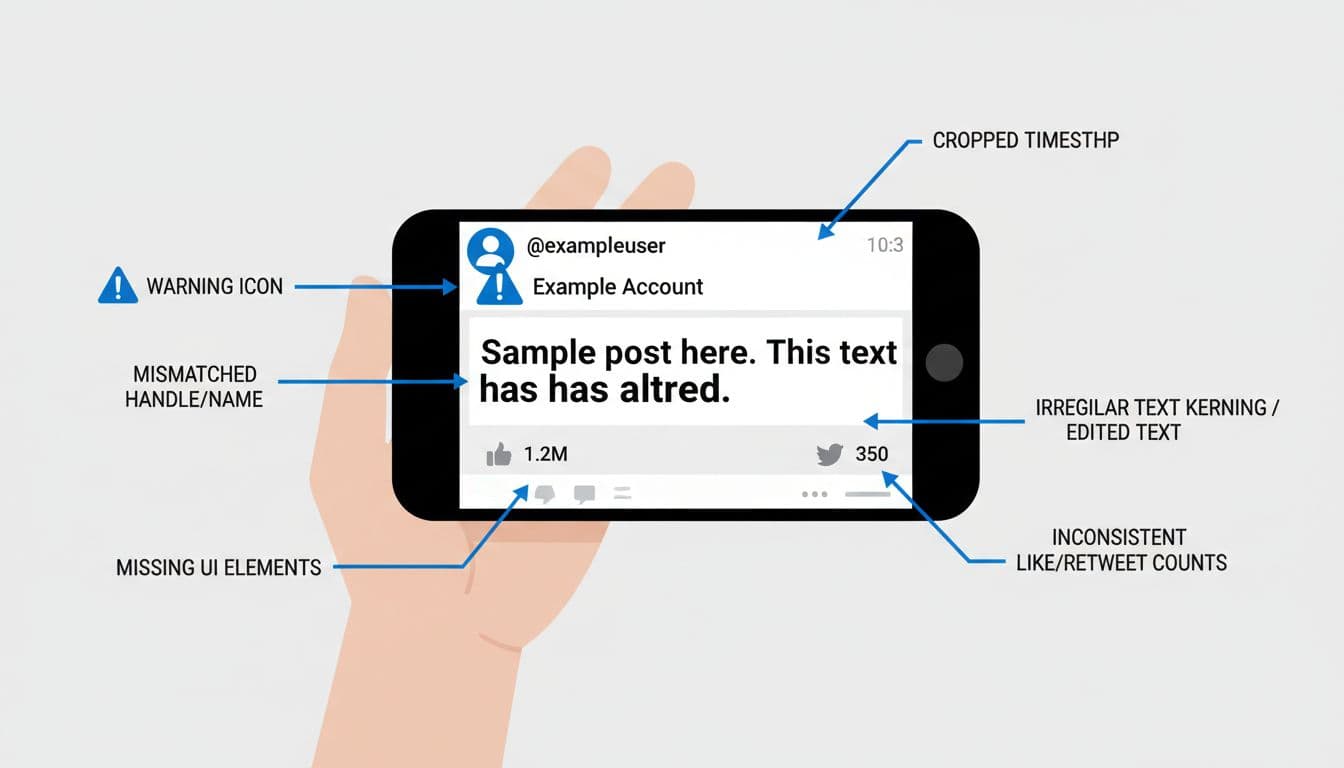 Illustration of a smartphone showing a generic social media post with callouts highlighting manipulation clues