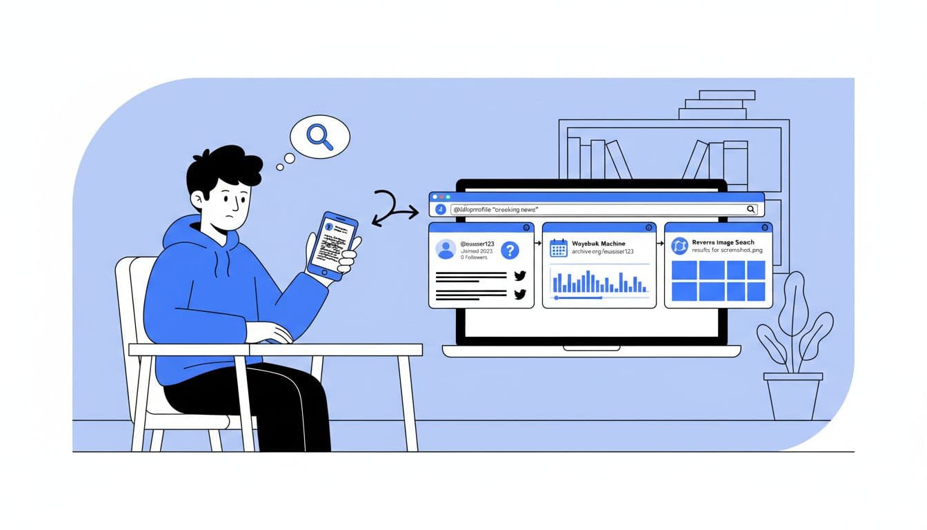 Illustration of a student verifying a suspicious post using search, profile checks, archives, and reverse image search