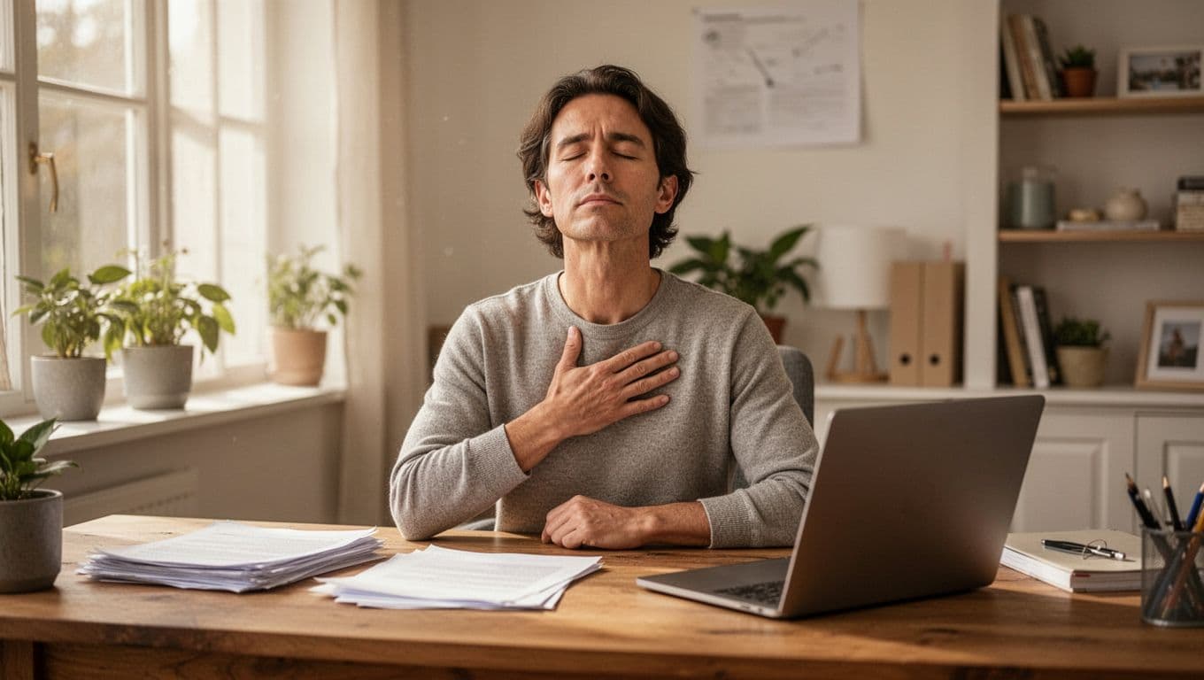 A person in their mid-30s sits at a wooden desk in a bright home office, eyes closed taking a slow deep breath with one hand on their chest and shoulders relaxed, subtle tense papers nearby indicating recent stress, illuminated by soft natural daylight in photorealistic style with warm tones.