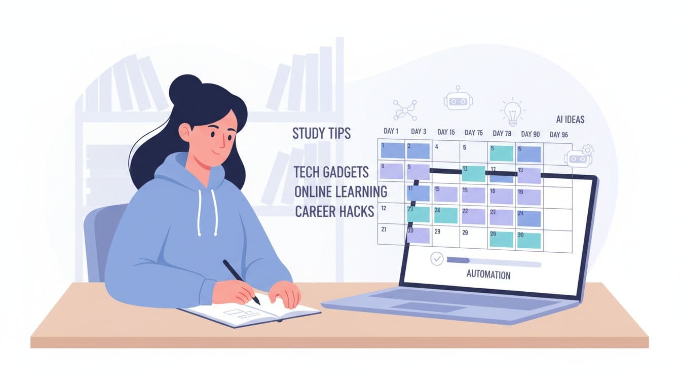 Student blogger using AI on a laptop to turn a keyword list into a 90-day content calendar
