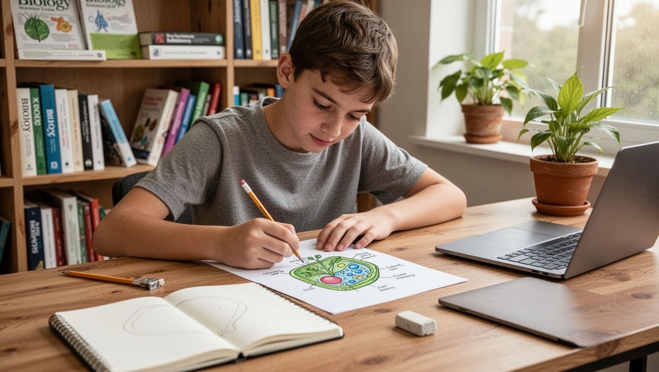 Student drawing a plant cell diagram from memory at a desk