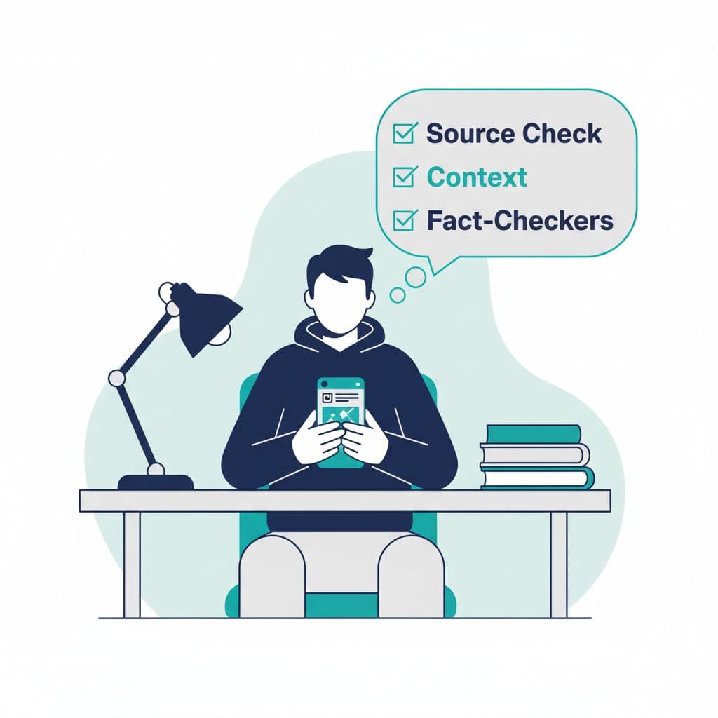 Clean, modern flat vector infographic in navy, teal, and light gray tones showing a student at a desk scrolling Instagram on their phone, with a thought bubble displaying checklist steps for verifying quotes: source check, context, and fact-checkers. Background includes a study lamp and books, creating an empowering, classroom-friendly, high-contrast informative mood.