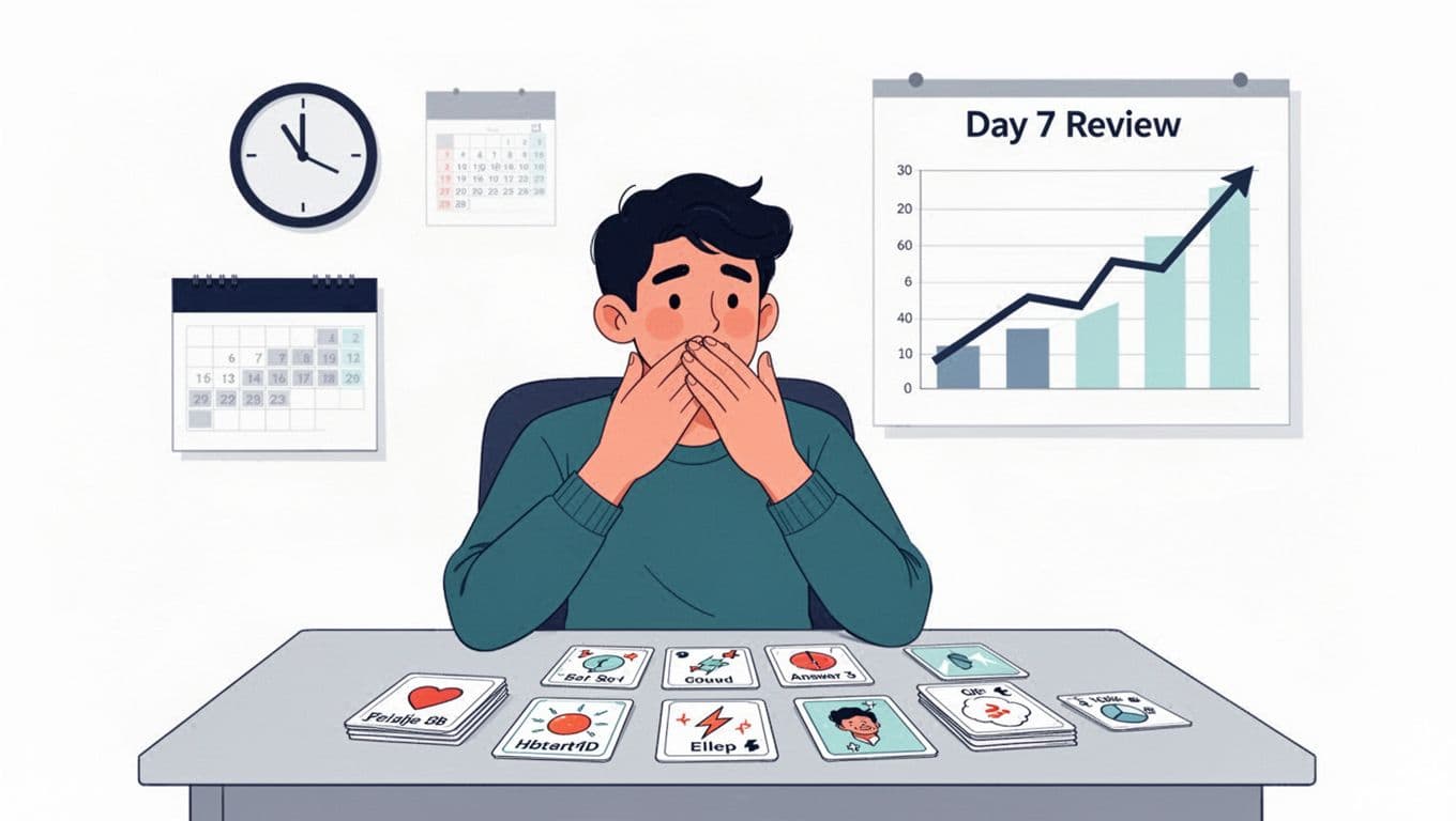 Flat vector educational illustration of one student in a study room at a desk with flashcards, actively testing recall by covering the answer side, thoughtful expression, and rising progress chart on the wall. Navy, teal, light gray colors on white background with minimal labels.