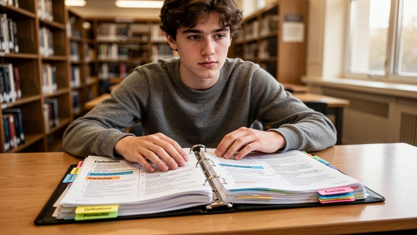 A thoughtful student sits at a wooden desk in a quiet university library with an open tabbed binder of notes, hand resting on the page. Background features blurred bookshelves and soft natural window light in realistic photo style with warm tones.