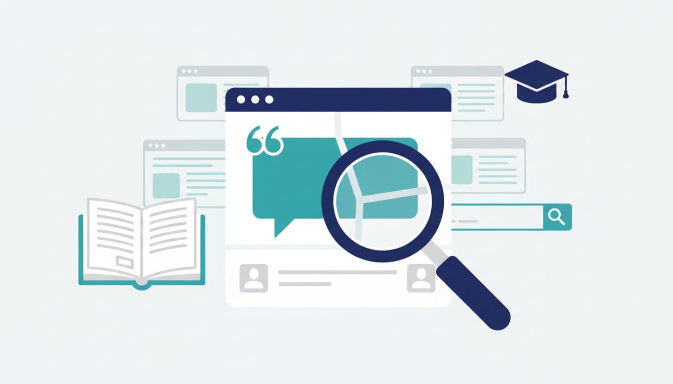 Modern flat vector infographic in navy, teal, and light gray illustrating media literacy: a magnifying glass over a social media quote reveals hidden cropped parts and sources, with background fact-check icons and search bar.