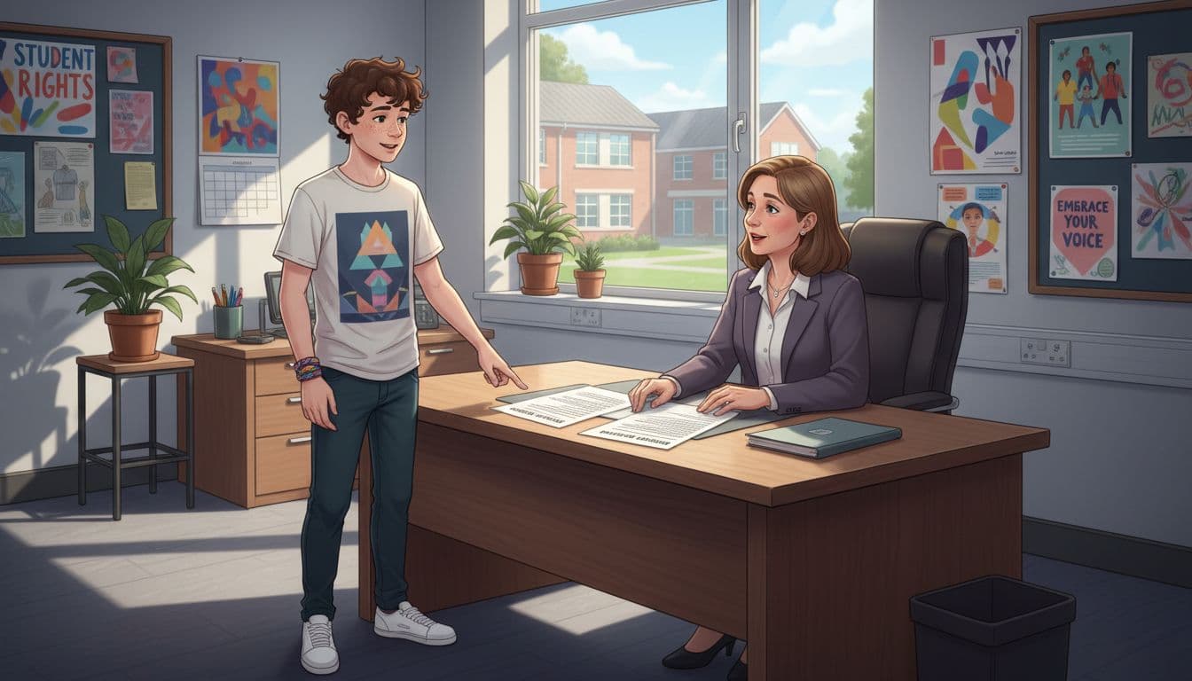 Student calmly talking to a school principal with dress code documents on the desk